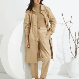 Beige Twill Trench Coat with Belt and Pants