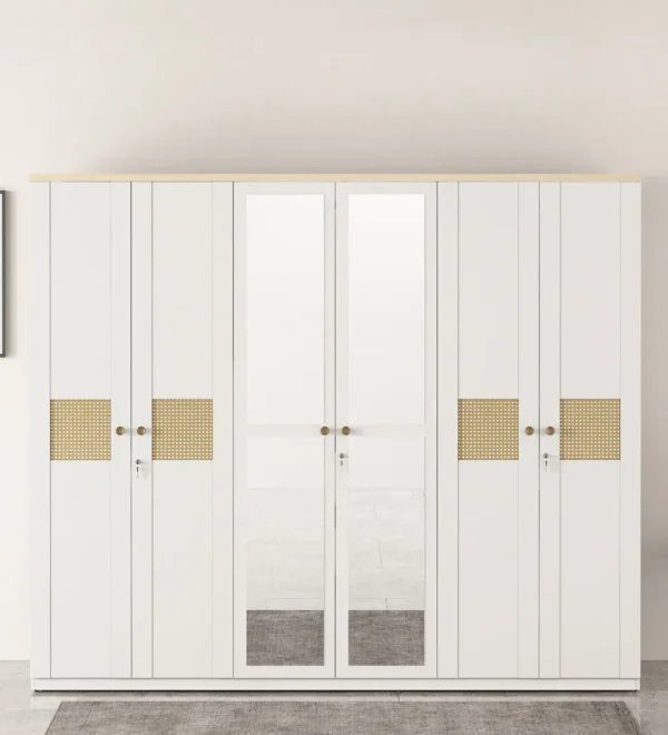 Kosmo Lilly 6 Door Wardrobe in Kingston White & Sebastian Oak Finish with Mirror
