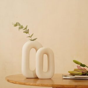 PUREZENTO White Ceramic 'Polo Donut Vase' Set of 2 (9 & 8 Inches) | Decorative Donut Ring Vase for Dried Flowers and Pampas Grass | Vases for Home Decor, Living Room, Office Decor Ideas
