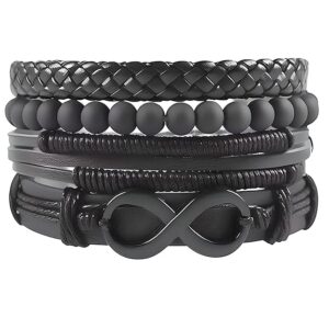 THE MEN THING QUADRA-FUSION INFINITY BLACK - Leather Bracelet Set, 4pcs Black Genuine Braided Leather Bracelets, Tribal Woven Ethnic Wrap Infinity Bracelet for Men & Boys (8inch)