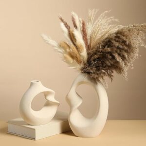 PUREZENTO Unique White Ceramic Donut Vase 8.5 & 5.7 Inch - Set of 2 | Decorative Donut Vase for Dried Flowers & Pampas Grass | Vases for Modern Home Decor, Living Room, Office Decor Ideas