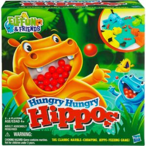 Brand Hasbro Gaming Material Plastic, Marble Theme Animal Genre Strategy Number of Players 2 About this item Toys and Games;Hungry hippos game is marble-chomping, hippo-feeding fun Includes 4 hippo heads and bodies plus marbles for them to chomp Storage is a snap with the included marble storage cover For 2 to 4 players; Country of Origin: India Color Name: Multicolor; Container Type: Box; Theme: Animals