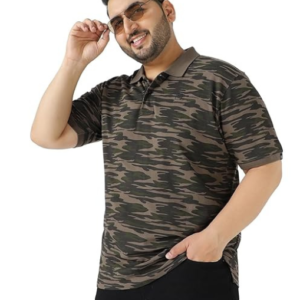 Men's Green Military Camouflage Printed Regular Fit Cotton Polo T-Shirt