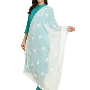 Women's White Embroidered Chiffon Dupatta With Pom Pom Lace, Free Size