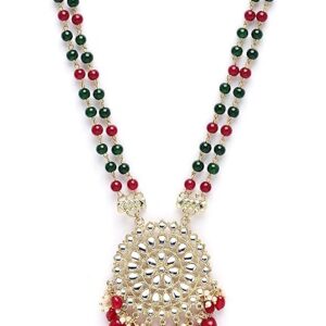 Gold Plated Red and Green Beads Kundan Rani Haar Necklace Set for Women