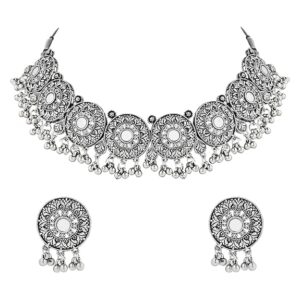 Silver Oxidized Traditional Afghani Mirror Work Choker Necklace Jewellery Set
