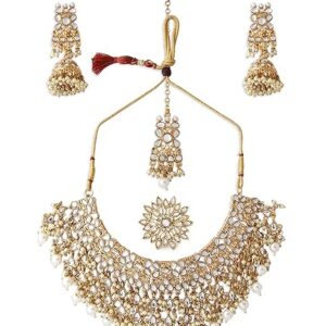 Gold Tone Kundan Choker Necklace Earring Maangtikka & Ring Set For Women