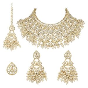 Gold Plated Traditional Pearl Kundan Studded Floral Bridal Choker Necklace With Earring Maang Tikka & Finger Ring